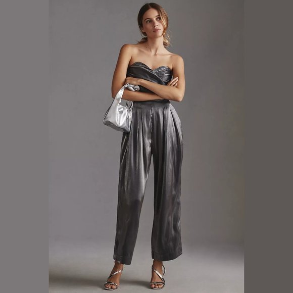NEW Tall Sizes 4 to 10 Strapless Metallic Shine Jumpsuit, Carbon - Anthropologie - Picture 1 of 5